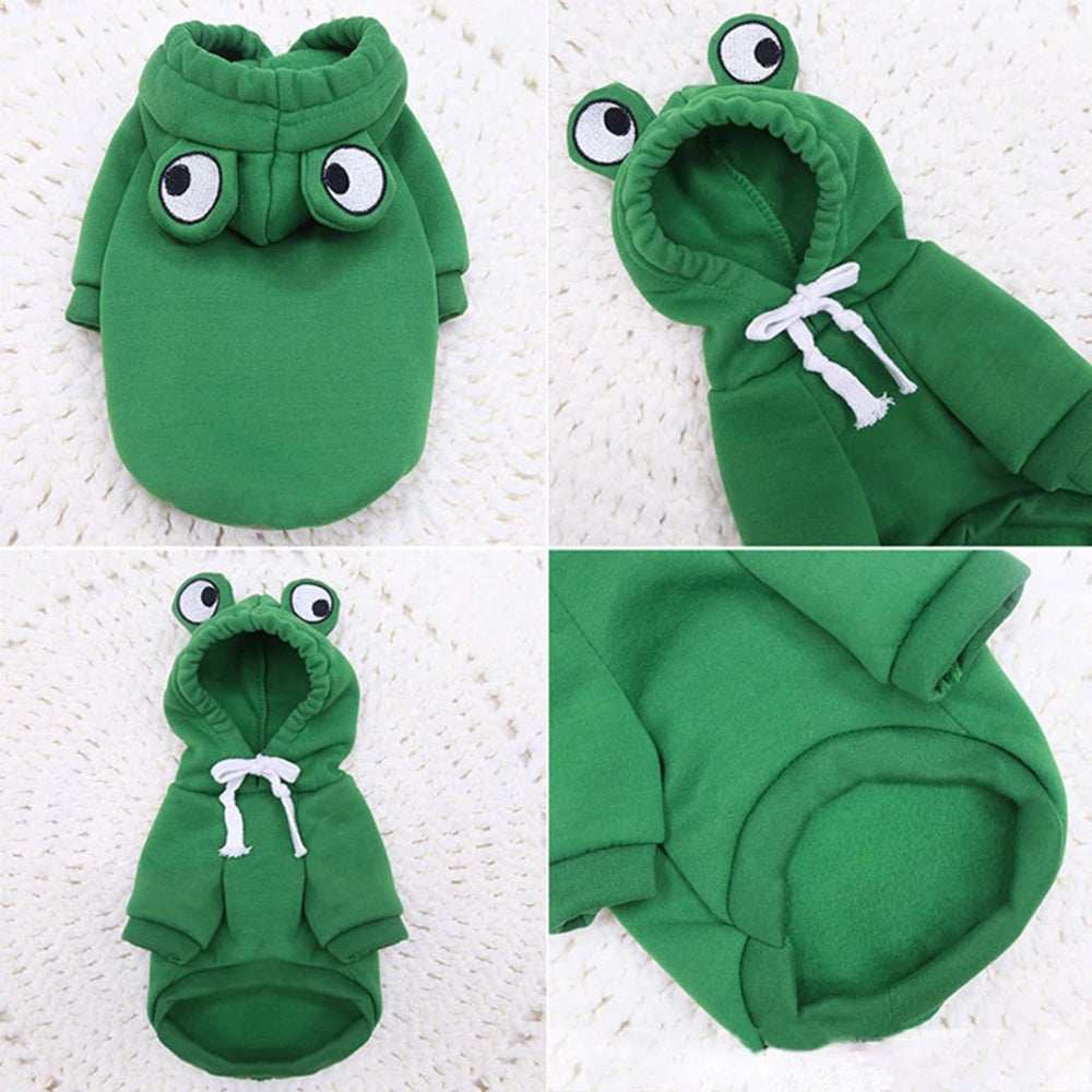 Dropshipman green fleece pet hoodie with frog eye hood and drawstring Adorable Frog Halloween Costume for small dogs
