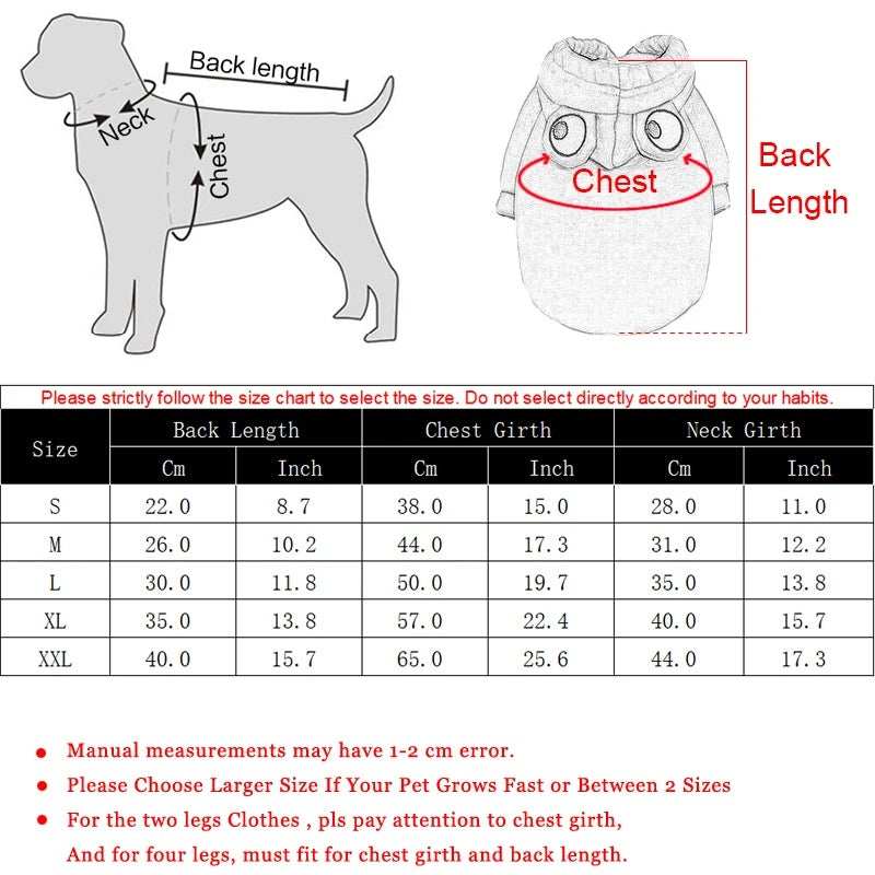 Adorable Frog Halloween Costume dog size chart showing back length chest and neck measurements for pets