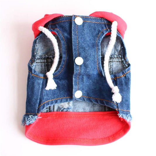 Dropshipman denim dog hooded vest with red hood and lining white drawstrings snap buttons and frayed hem