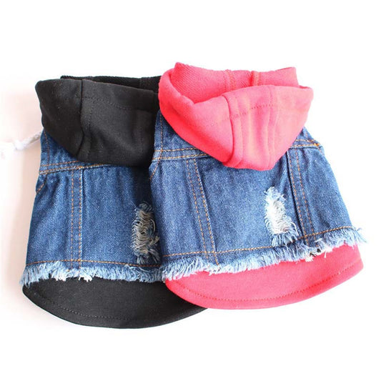 Dropshipman denim dog hooded vest two small distressed denim pet vests with frayed hem and pink and black hoods