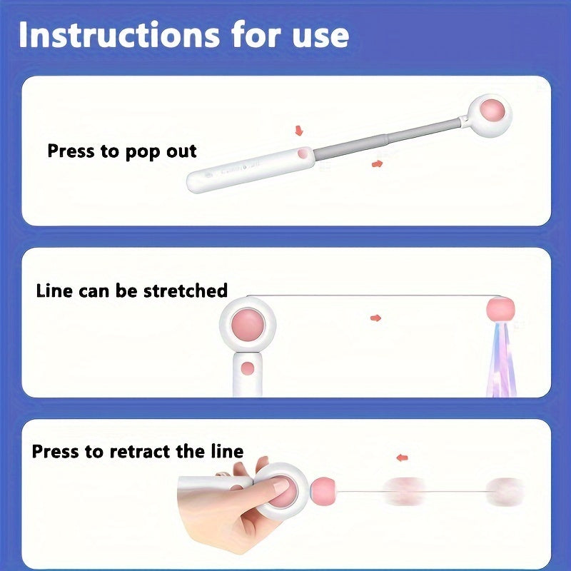 Wefulfil retractable cat wand toy instruction diagram showing white and pink wand with button popping out retracting string