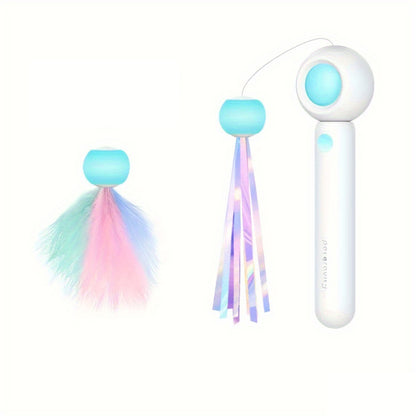 Wefulfil retractable cat wand toy with pastel feather attachment and iridescent ribbon tassel