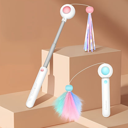 Wefulfil retractable cat wand toy set with pastel feather and holographic tassel in white handles