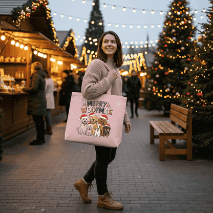 Merry Woofmas Holiday Tote with Festive Dogs - Canvas Gift Bag - Purrfect Pet Haven