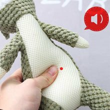 Plush Cartoon Animal Dog squeaky textured green plush with mesh belly being squeezed by hand