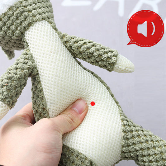Plush Cartoon Animal Dog squeaky textured green plush with mesh belly being squeezed by hand