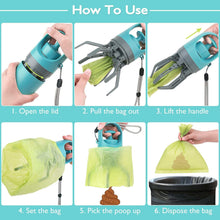 Step-by-step guide showing how to use the Wefulfil Portable Dog Poop Scooper with green bags