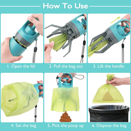 Step-by-step guide showing how to use the Wefulfil Portable Dog Poop Scooper with green bags