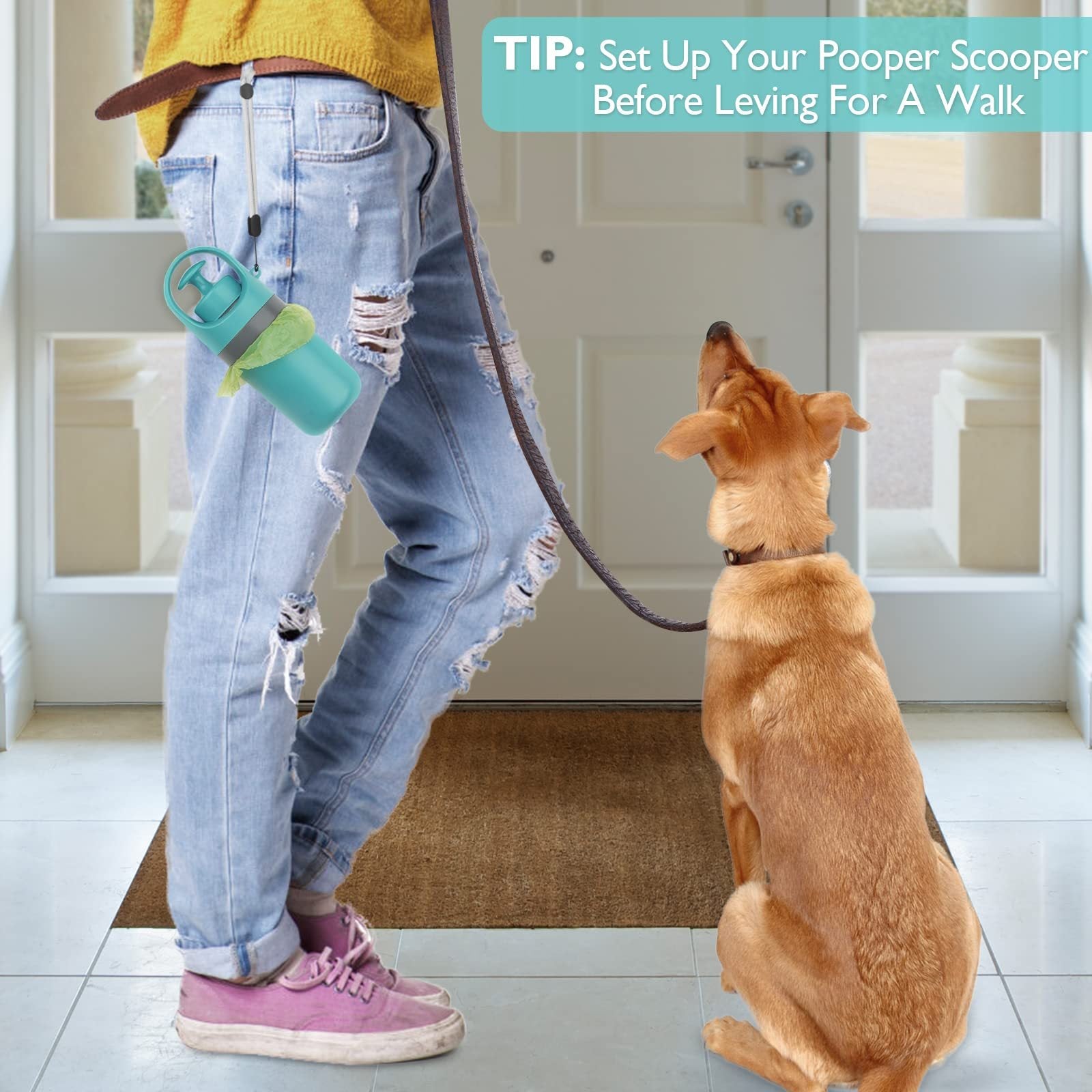 Wefulfil Portable Dog Poop Scooper attached to person’s belt while walking dog indoors