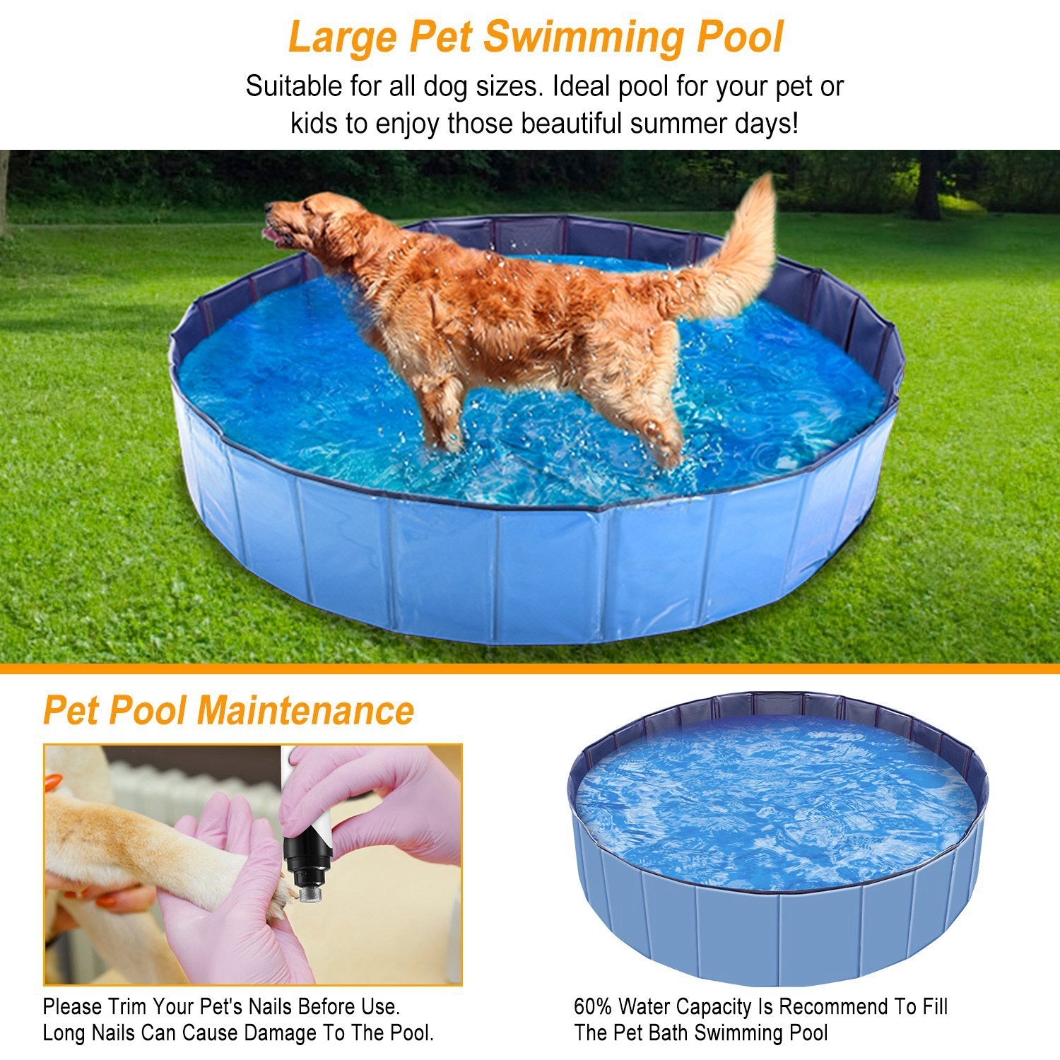 Wefulfil Portable Foldable Dog Pool large blue pet swimming pool with a dog standing inside on grass