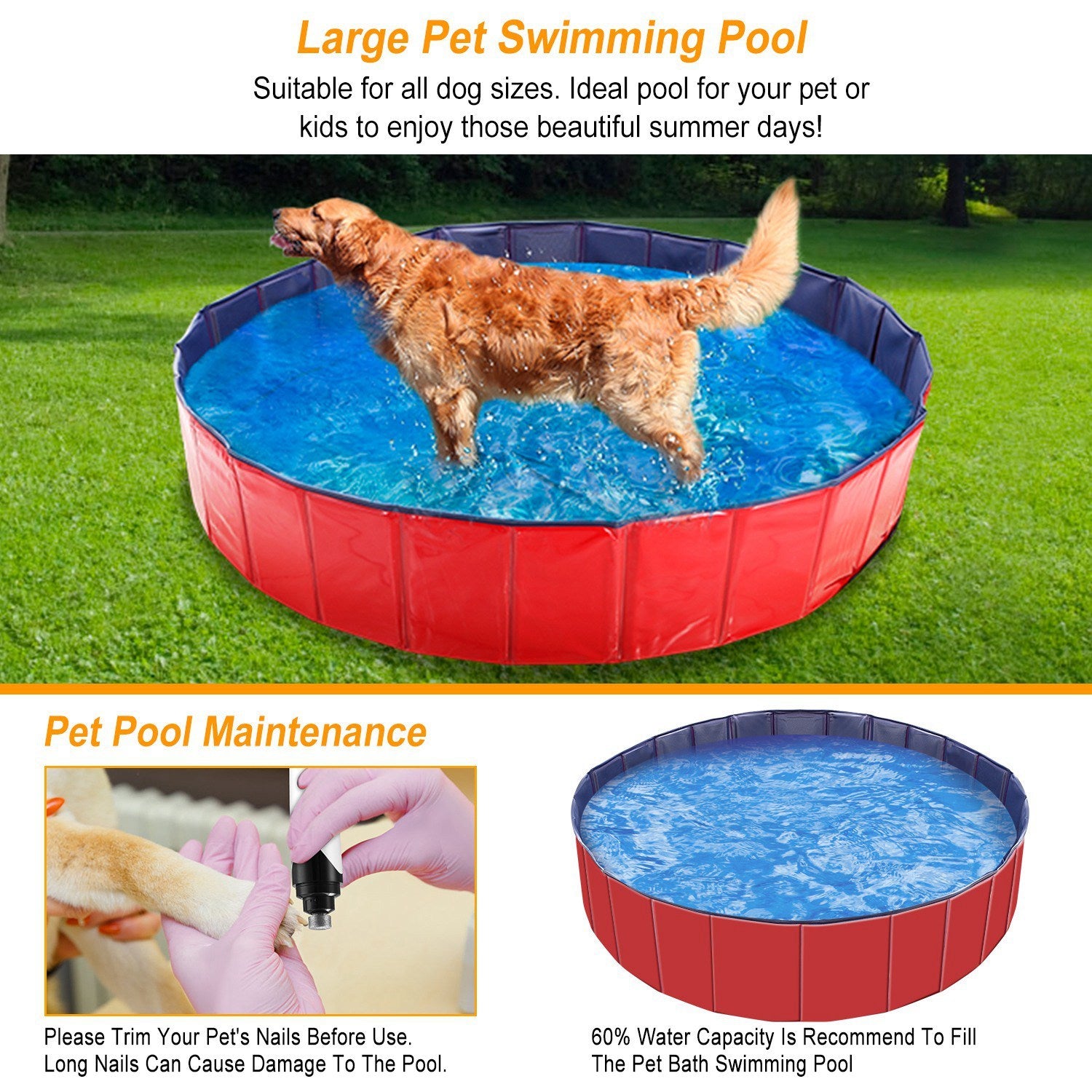 Wefulfil Portable Foldable Dog Pool large red pet swimming pool with water and dog standing inside