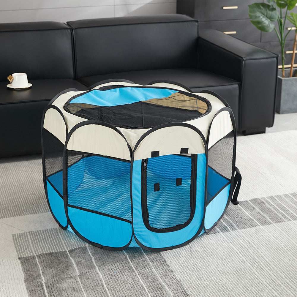 Portable Pet Playpen in Blue and White Fabric for Indoor and Outdoor Use with Mesh Panels