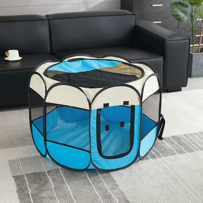 Portable Pet Playpen in Blue and White Fabric for Indoor and Outdoor Use with Mesh Panels