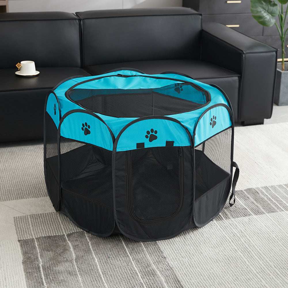 Portable Pet Playpen in Blue and Black for Indoor and Outdoor Use with Mesh Panels for Ventilation