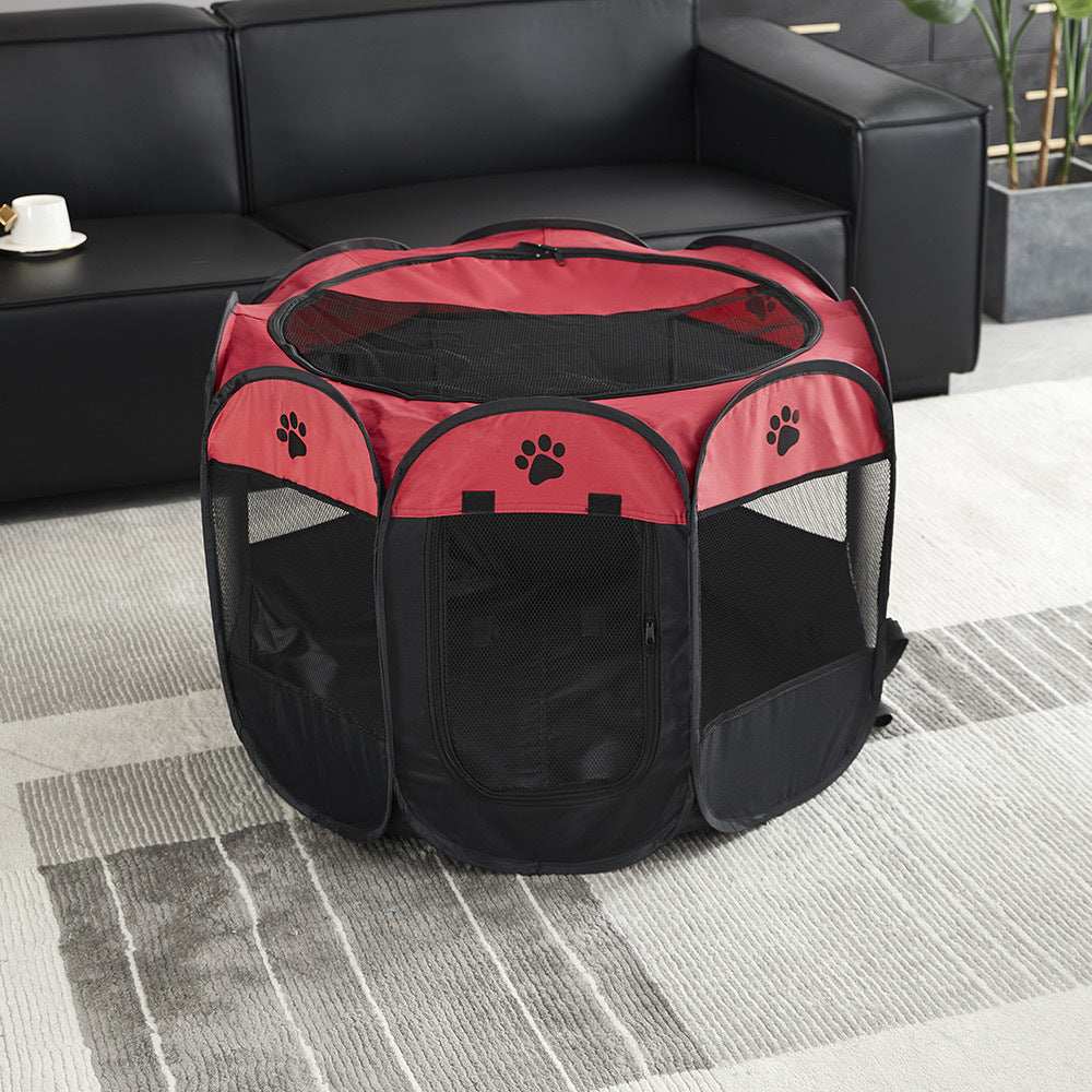 Portable Pet Playpen with Mesh Panels and Red Accents for Indoor and Outdoor Use