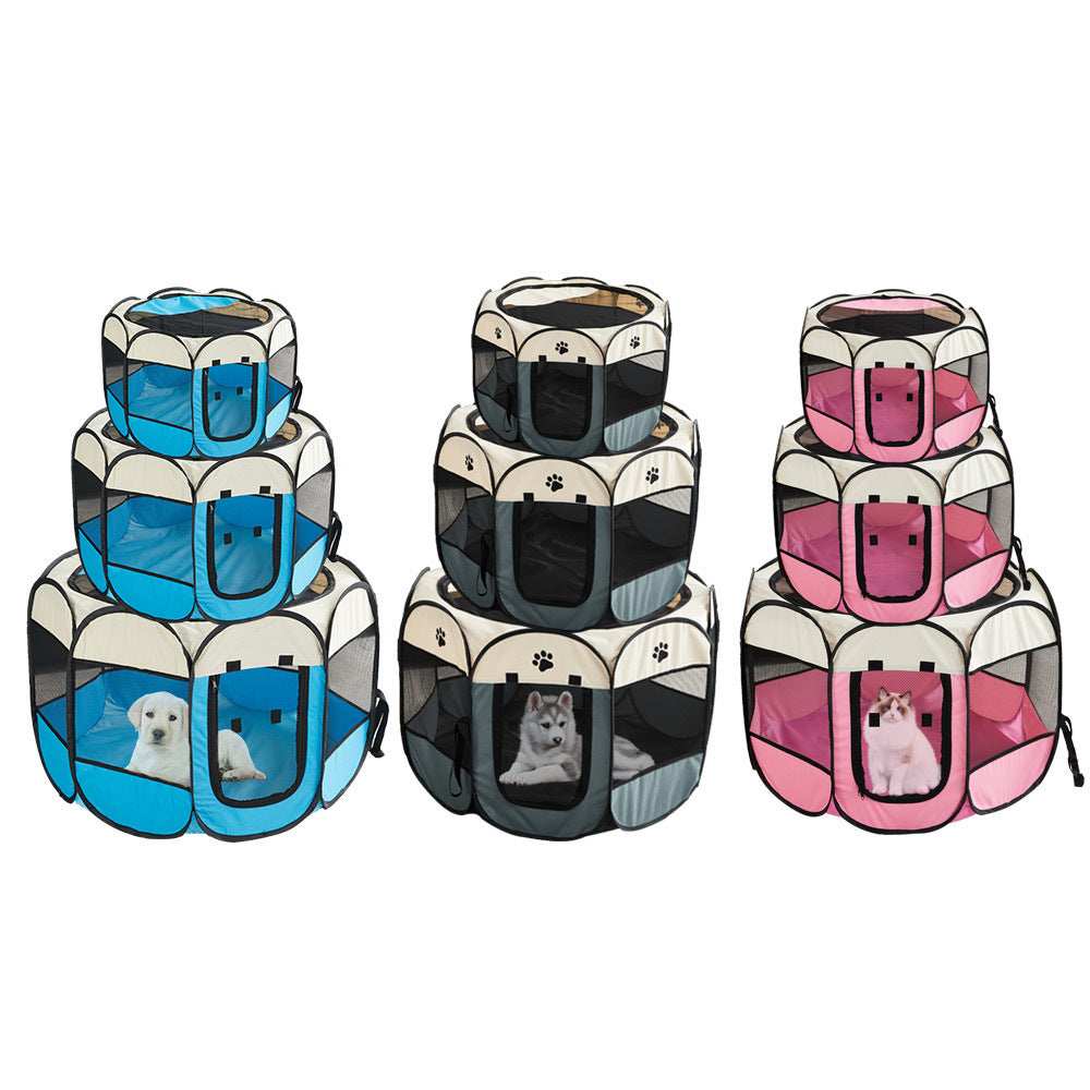 Various Portable Pet Playpen designs in blue, black, and pink for safe outdoor pet playtime