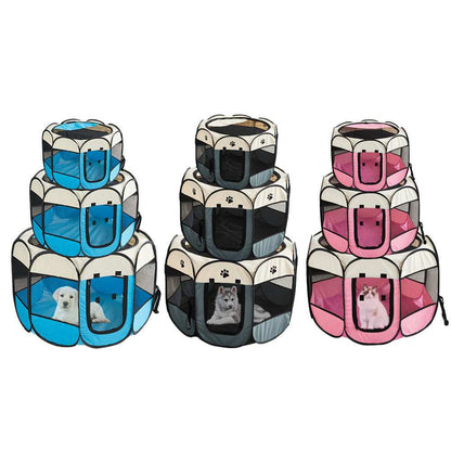 Various Portable Pet Playpen designs in blue, black, and pink for safe outdoor pet playtime