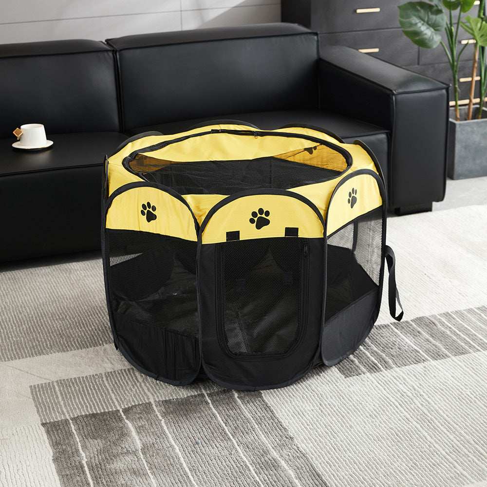 Yellow Portable Pet Playpen with mesh sides for safe indoor and outdoor pet use