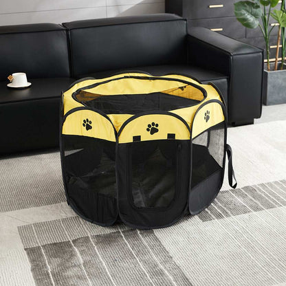 Yellow Portable Pet Playpen with mesh sides for safe indoor and outdoor pet use