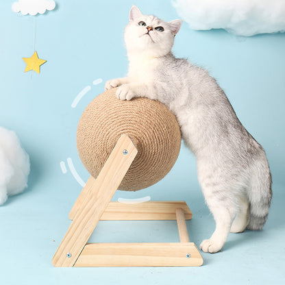 Interactive Wooden Cat Scratching Post with Spinning Sisal Ball