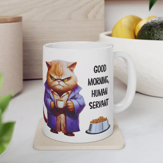 Funny Cat Mug - "Good Morning, Human Servant" - 11oz & 15oz Ceramic Coffee Cup