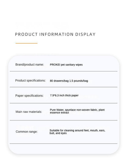 Wefulfil PROKEI pet sanitary wipes product information card showing materials specs uses Safe Cleaning Care Pet