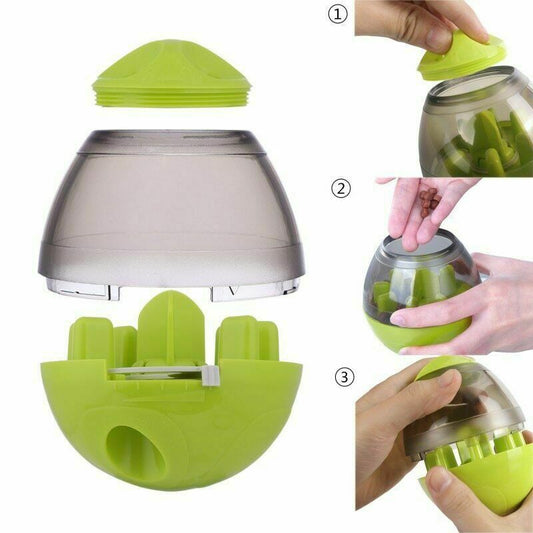 Wefulfil Puppy Feeder Dispenser Bowl in green and gray showing parts and how to fill with treats