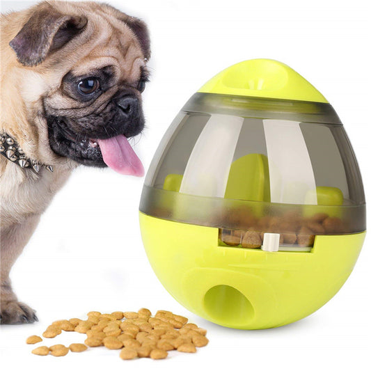 Wefulfil Puppy Feeder Dispenser Bowl in yellow with kibble and curious pug puppy