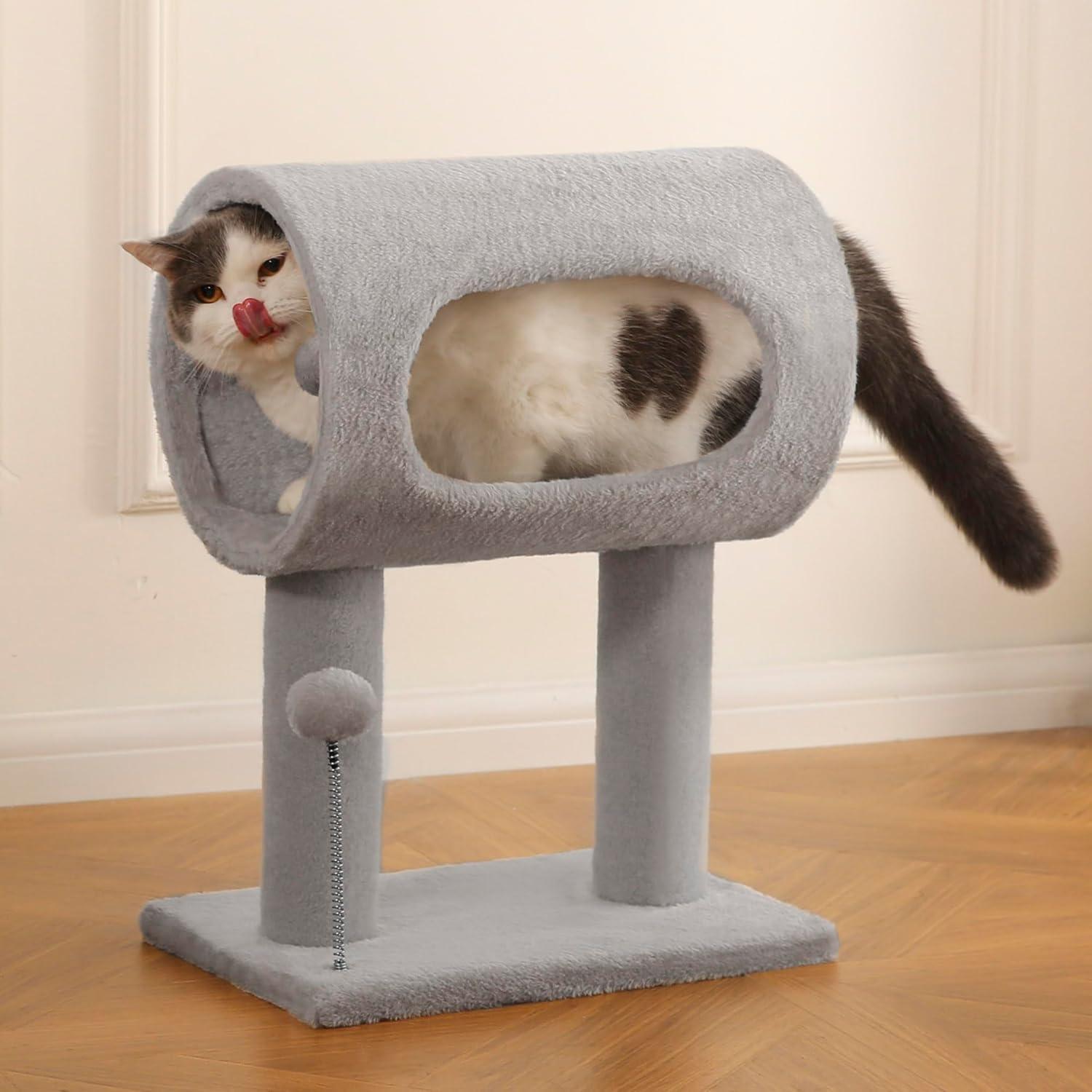 Wefulfil gray indoor cat tree plush tunnel perch with dangling pom pom toy and cozy hideaway