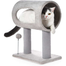 Wefulfil gray indoor cat tree with tunnel perch two posts stable base and dangling toy with cat inside