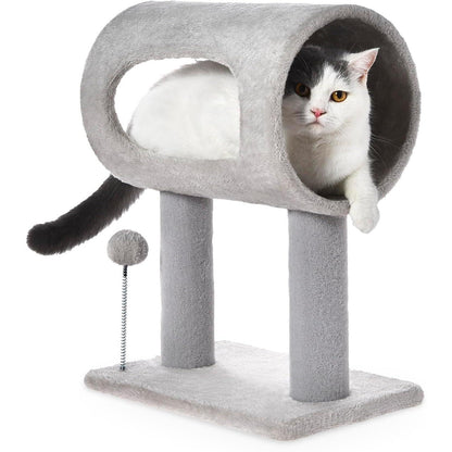 Wefulfil gray indoor cat tree with tunnel perch two posts stable base and dangling toy with cat inside