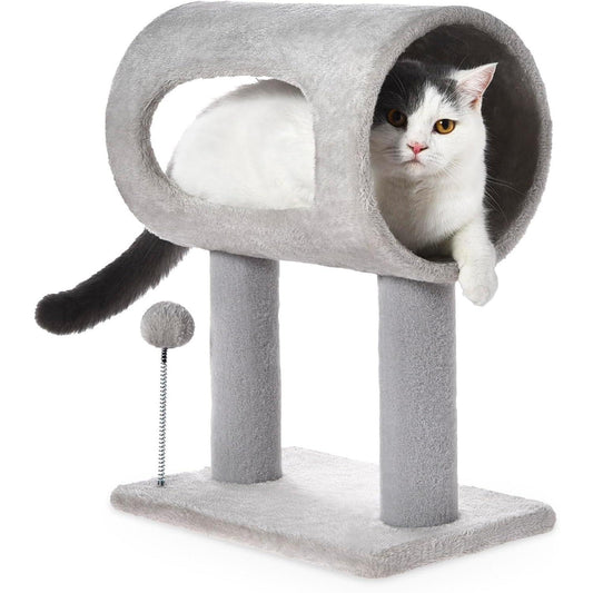 Wefulfil gray indoor cat tree with tunnel perch two posts stable base and dangling toy with cat inside