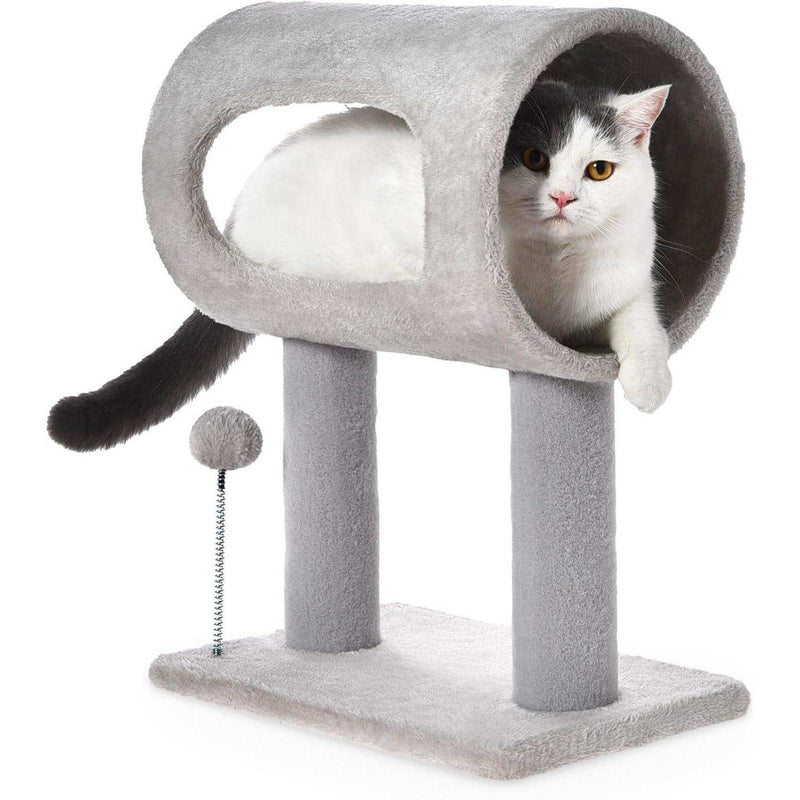Wefulfil gray indoor cat tree with tunnel perch two posts stable base and dangling toy with cat inside