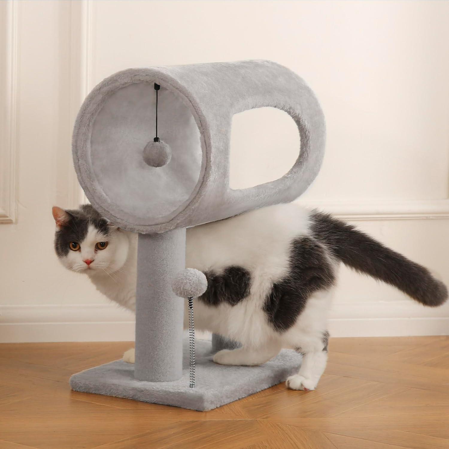 Wefulfil gray indoor cat tree with plush tunnel dangling pompom toy and sturdy base