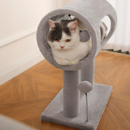 Wefulfil gray indoor cat tree with tunnel perch and dangling toys for lounging and scratching
