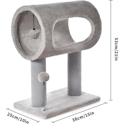 Wefulfil gray indoor cat tree with plush tunnel perch, two posts, sturdy base and dangling pom pom toy