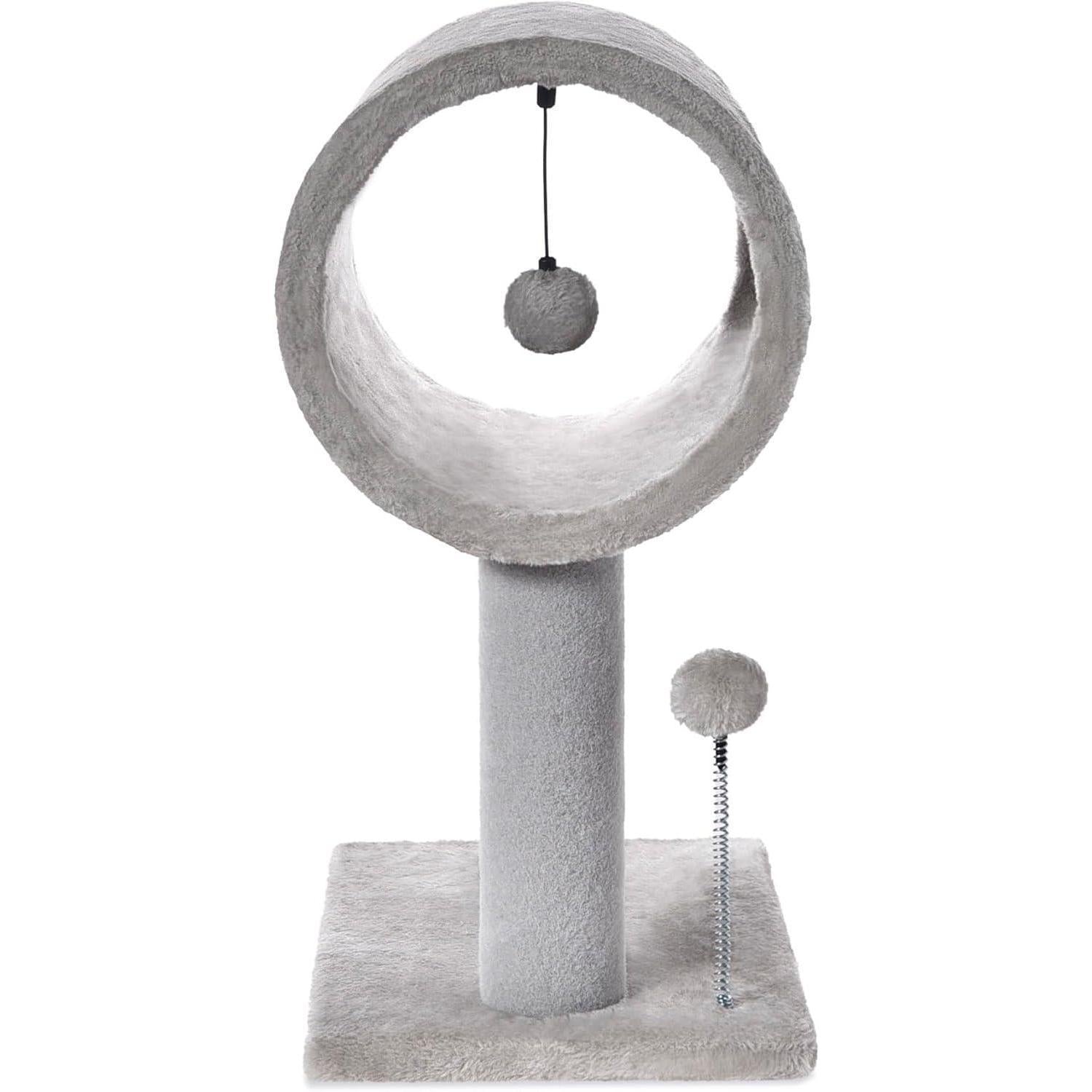 Wefulfil gray indoor cat tree with circular tunnel perch scratching post and dangling pompom toy on base
