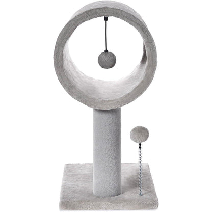 Wefulfil gray indoor cat tree with circular tunnel perch scratching post and dangling pompom toy on base