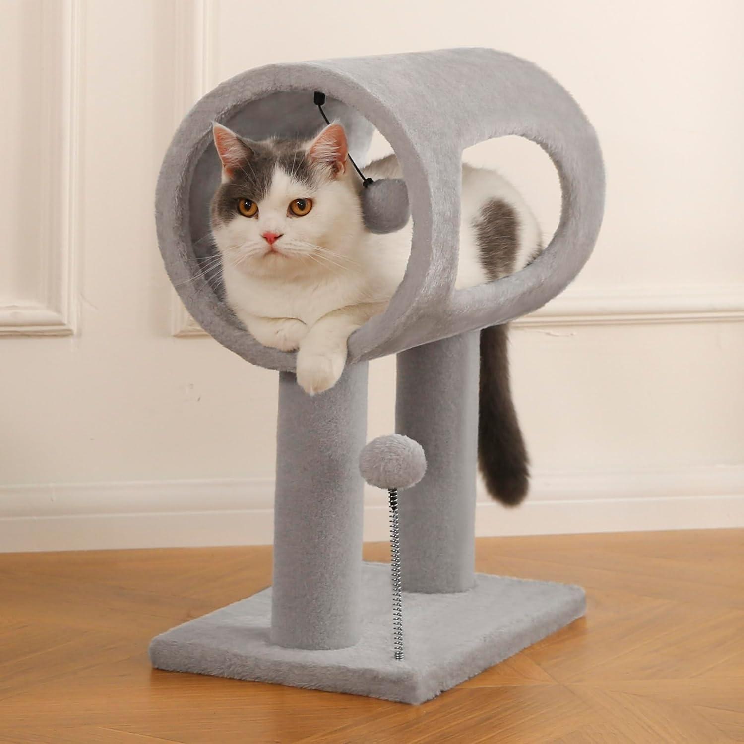 Wefulfil gray indoor cat tree with tunnel perch and dangling toys for lounging and scratching