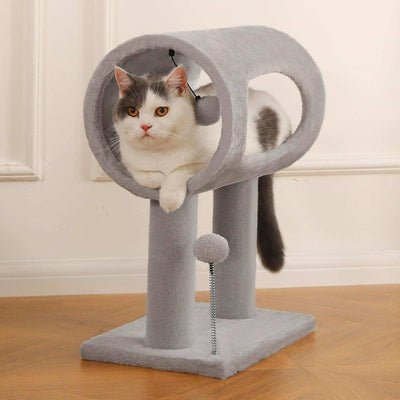 Wefulfil gray indoor cat tree with tunnel perch and dangling toys for lounging and scratching
