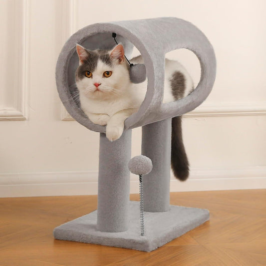 Wefulfil gray indoor cat tree with tunnel perch and dangling toys for lounging and scratching