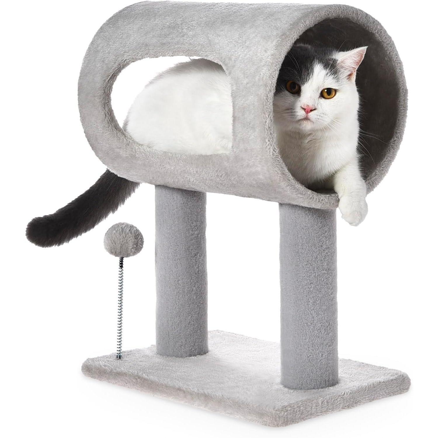 Wefulfil gray indoor cat tree tunnel perch with two posts stable base and dangling spring ball toy with cat inside