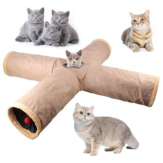 Beige X shaped collapsible cat tunnel with four openings plush rims hanging toy and curious cats