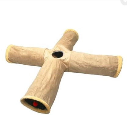 Purrfect Pet Haven collapsible cat tunnel beige four way cross shaped design with center hole and red ball toy