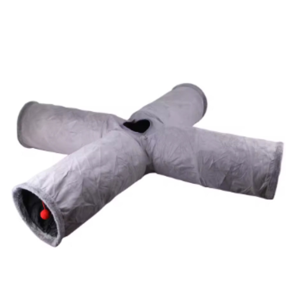 Purrfect Pet Haven grey four way collapsible cat tunnel with plush lining and dangling toy ball for playful cats