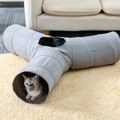 Purrfect Pet Haven collapsible cat tunnel T shaped gray plush with peekaboo top and cat with toy