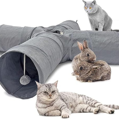 Purrfect Pet Haven collapsible cat tunnel in gray with dangling pom pom toy shown with cats and rabbits