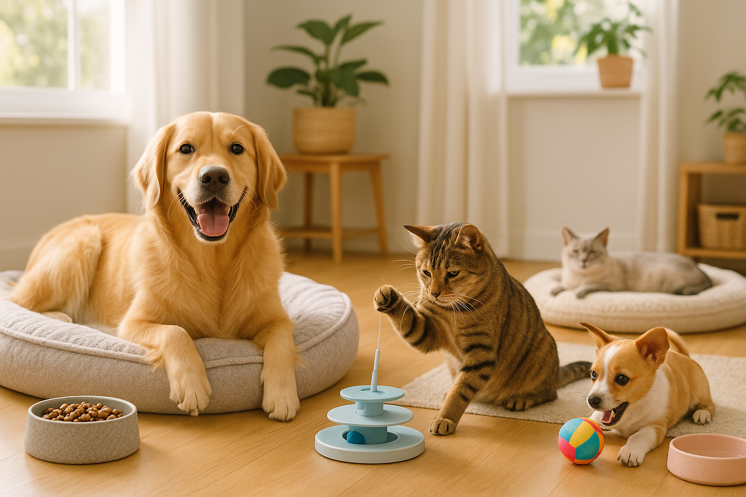 Realistic Pet Lifestyle Scene - Multiple Pets with Products