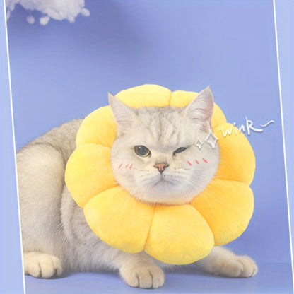 Wefulfil Recovery Neck Cone in soft yellow flower design worn by a gray cat for pet protection