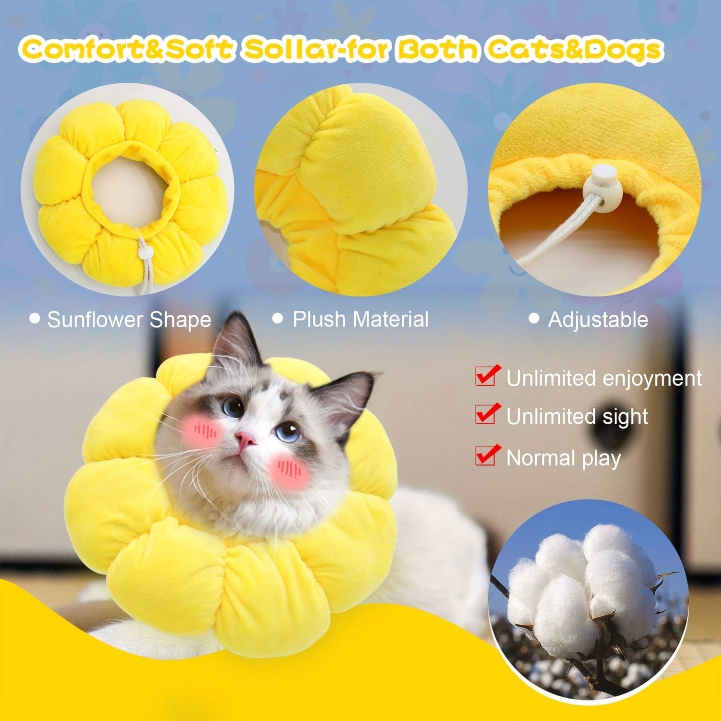 Wefulfil Recovery Neck Cone in sunflower shape plush material for cats and dogs with adjustable design